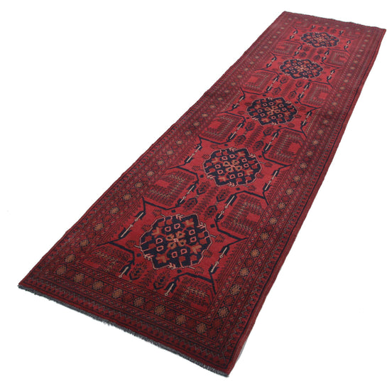 Tribal Hand Knotted Afghan Khamyab Wool Rug of Size 2'8'' X 9'5'' in Red and Red Colors - Made in Afghanistan