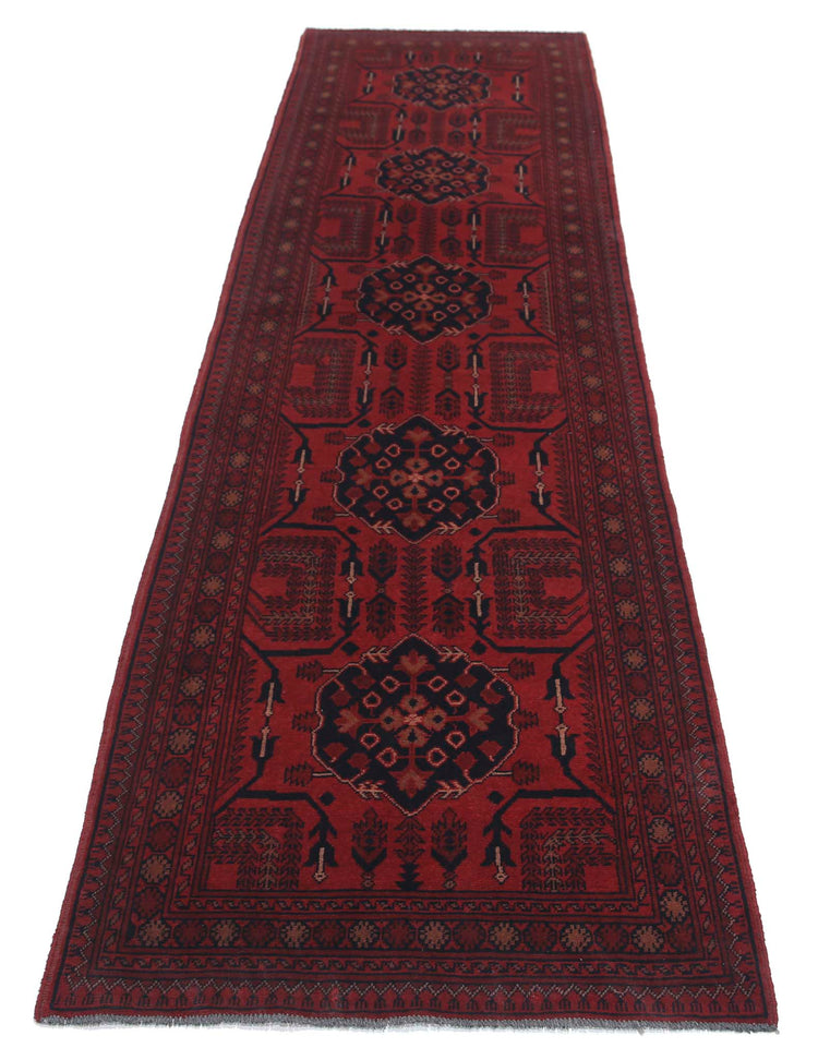 Tribal Hand Knotted Afghan Khamyab Wool Rug of Size 2'8'' X 9'5'' in Red and Red Colors - Made in Afghanistan