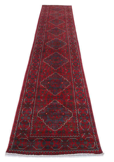 Tribal Hand Knotted Afghan Khamyab Wool Rug of Size 2'5'' X 12'3'' in Red and Red Colors - Made in Afghanistan