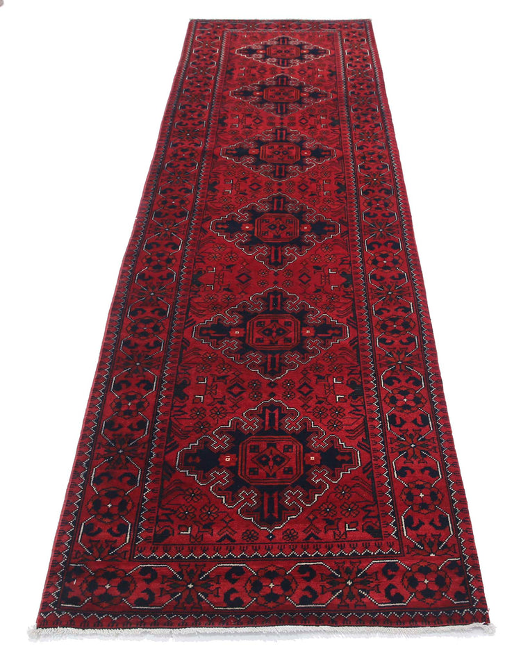 Tribal Hand Knotted Afghan Khamyab Wool Rug of Size 2'7'' X 9'1'' in Red and Red Colors - Made in Afghanistan