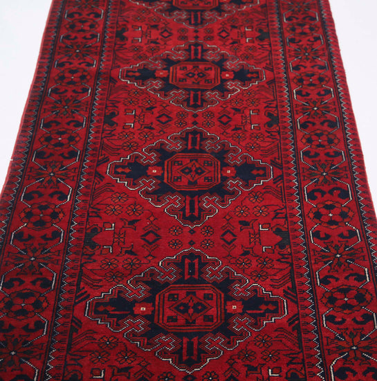 Tribal Hand Knotted Afghan Khamyab Wool Rug of Size 2'7'' X 9'1'' in Red and Red Colors - Made in Afghanistan