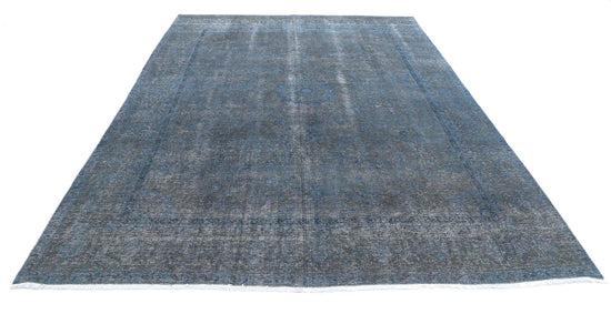 Persian Hand Knotted Vintage Overdyed Mashad Wool Rug of Size 7'8'' X 10'11'' in Blue and Charcoal Colors - Made in Iran