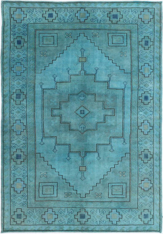 Transitional Hand Knotted Vintage Overdyed Milas Wool Rug of Size 6'3'' X 9'1'' in Teal and Charcoal Colors - Made in Turkey