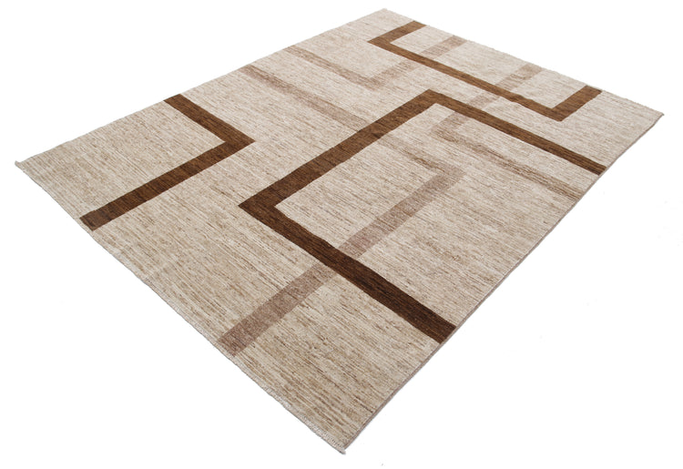 Transitional Hand Knotted Modcar Modcar Wool Rug of Size 5'7'' X 7'5'' in Brown and Brown Colors - Made in Pakistan