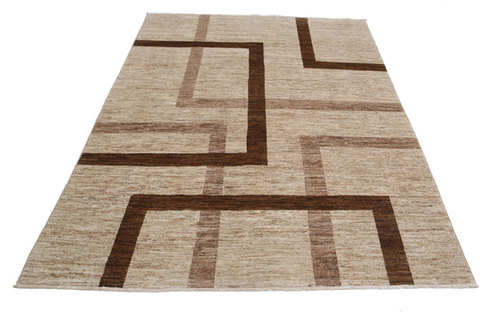 Transitional Hand Knotted Modcar Modcar Wool Rug of Size 5'7'' X 7'5'' in Brown and Brown Colors - Made in Pakistan