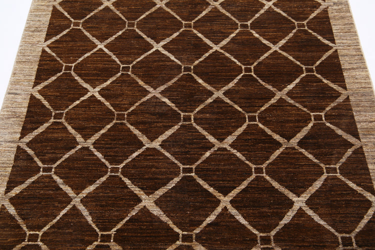 Transitional Hand Knotted Modcar Modcar Wool Rug of Size 4'0'' X 5'5'' in Brown and Brown Colors - Made in Pakistan