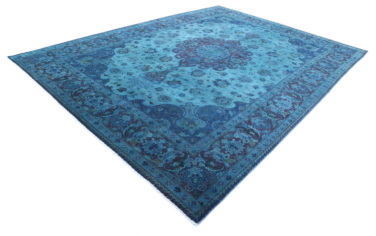 Persian Hand Knotted Vintage Overdyed Moud Wool Rug of Size 9'8'' X 13'3'' in Blue and Purple Colors - Made in Iran