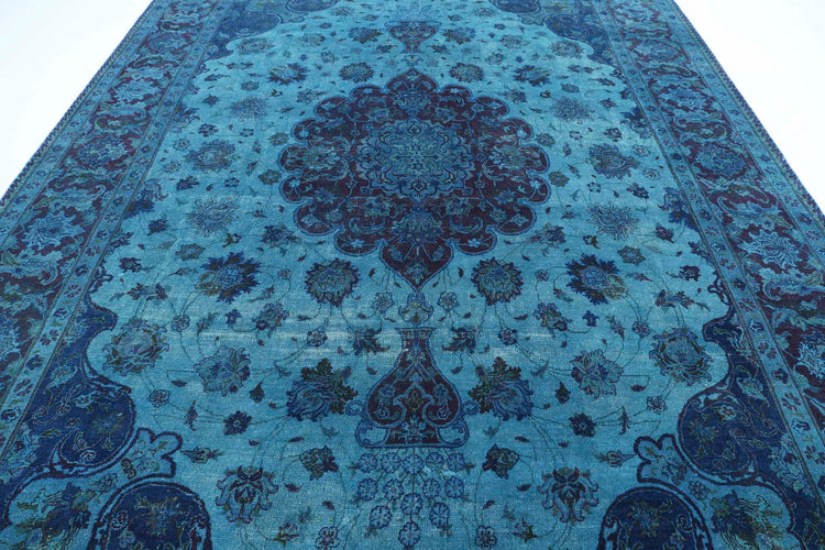 Persian Hand Knotted Vintage Overdyed Moud Wool Rug of Size 9'8'' X 13'3'' in Blue and Purple Colors - Made in Iran