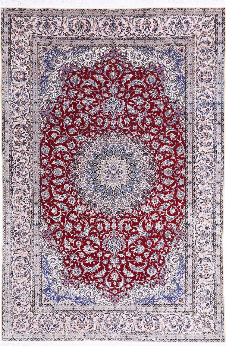 Masterpiece Hand Knotted Nain Nain Wool & Silk Rug of Size 6'8'' X 10'0'' in Red and Peach Colors - Made in Iran