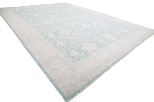 Traditional Hand Knotted Oushak Oushak Wool Rug of Size 15'10'' X 21'9'' in Teal and Ivory Colors - Made in Afghanistan
