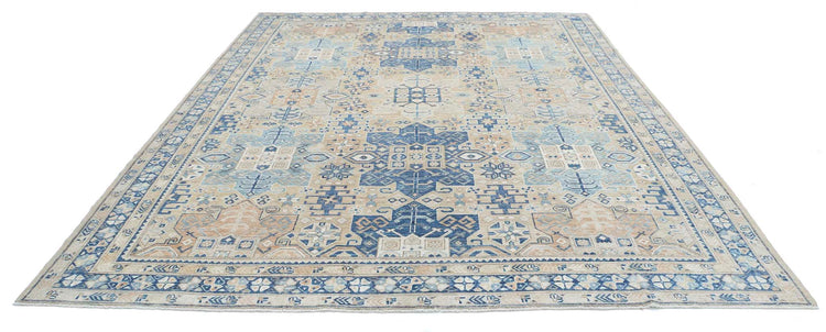 Traditional Hand Knotted Oushak Oushak Wool Rug of Size 9'7'' X 12'4'' in Taupe and Blue Colors - Made in Afghanistan