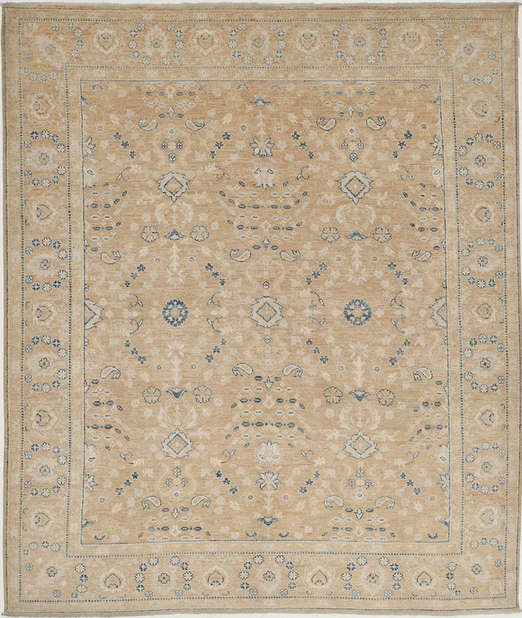 Traditional Hand Knotted Oushak Oushak Wool Rug of Size 8'8'' X 10'3'' in Taupe and Blue Colors - Made in Afghanistan