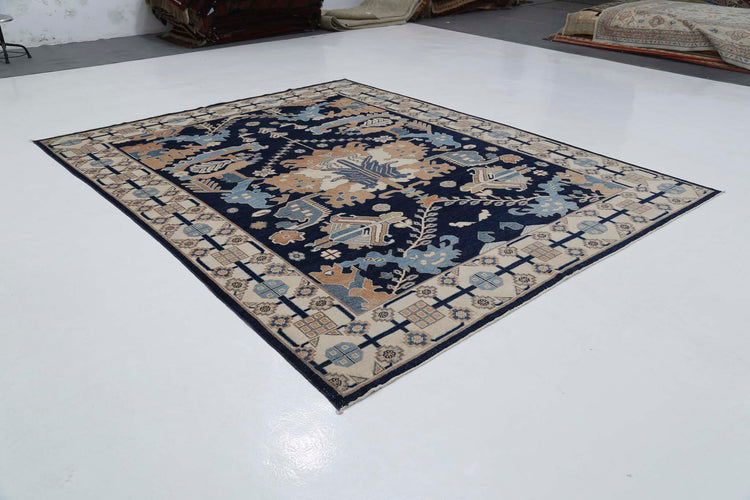 Traditional Hand Knotted Oushak Oushak Wool Rug of Size 9'2'' X 11'6'' in Blue and Ivory Colors - Made in Afghanistan