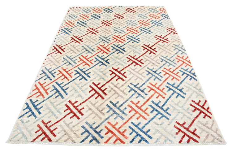 Transitional Hand Knotted Modcar Oushak Wool Rug of Size 5'8'' X 8'1'' in Ivory and Blue Colors - Made in Afghanistan
