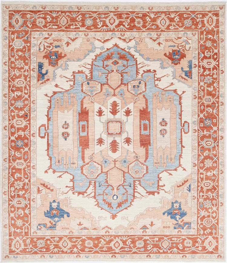 Traditional Hand Knotted Oushak Oushak Wool Rug of Size 8'3'' X 9'6'' in Ivory and Rust Colors - Made in Afghanistan