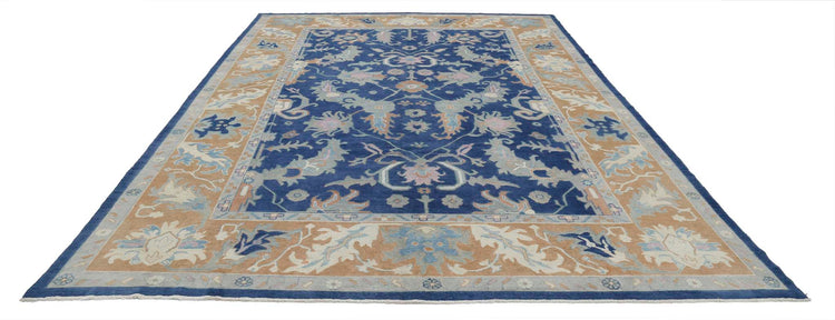 Traditional Hand Knotted Oushak Oushak Wool Rug of Size 9'11'' X 13'3'' in Blue and Rust Colors - Made in Afghanistan