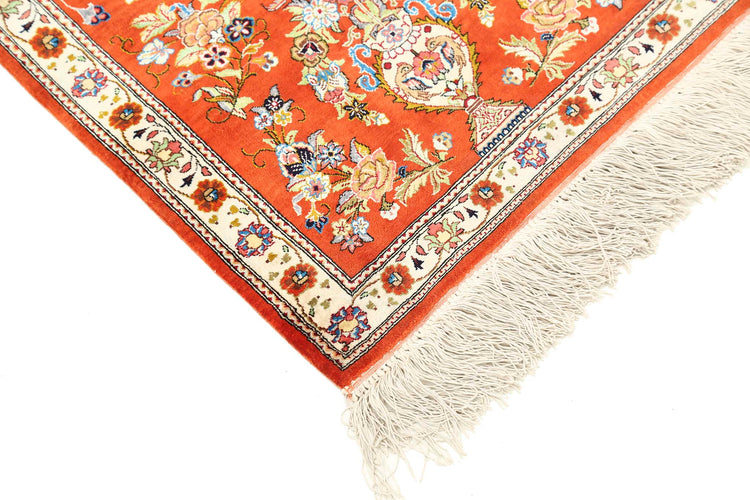 Masterpiece Hand Knotted Qum Qum Wool Rug of Size 1'7'' X 5'3'' in Rust and Beige Colors - Made in Iran