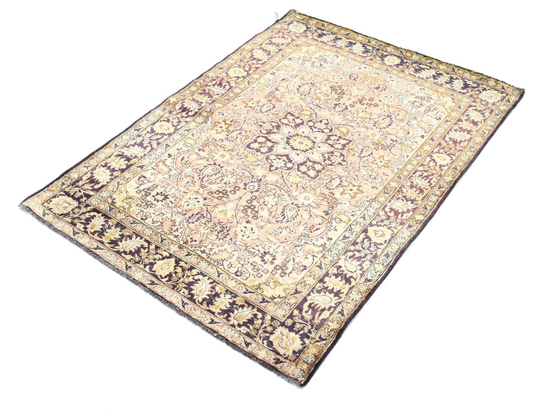 Masterpiece Hand Knotted Qum Qum Silk Rug of Size 3'4'' X 4'10'' in Peach and Blue Colors - Made in Iran