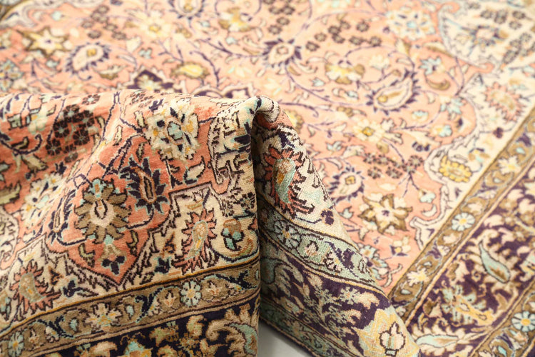 Masterpiece Hand Knotted Qum Qum Silk Rug of Size 3'4'' X 4'10'' in Peach and Blue Colors - Made in Iran