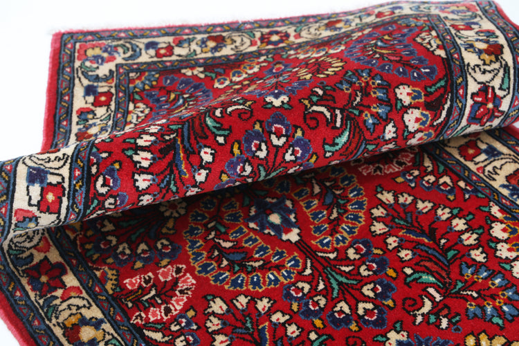 Persian Hand Knotted Sarouk Sarouk Wool Rug of Size 2'1'' X 4'2'' in Red and Ivory Colors - Made in Iran