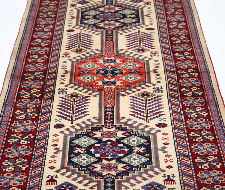 Tribal Hand Knotted Shirvan Shirvan Wool Rug of Size 3'2'' X 9'8'' in Ivory and Red Colors - Made in Afghanistan
