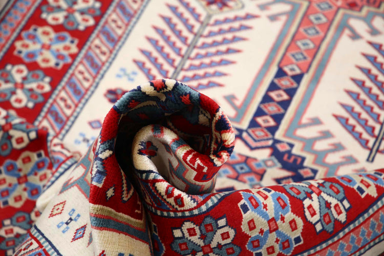 Tribal Hand Knotted Shirvan Shirvan Wool Rug of Size 3'2'' X 9'8'' in Ivory and Red Colors - Made in Afghanistan
