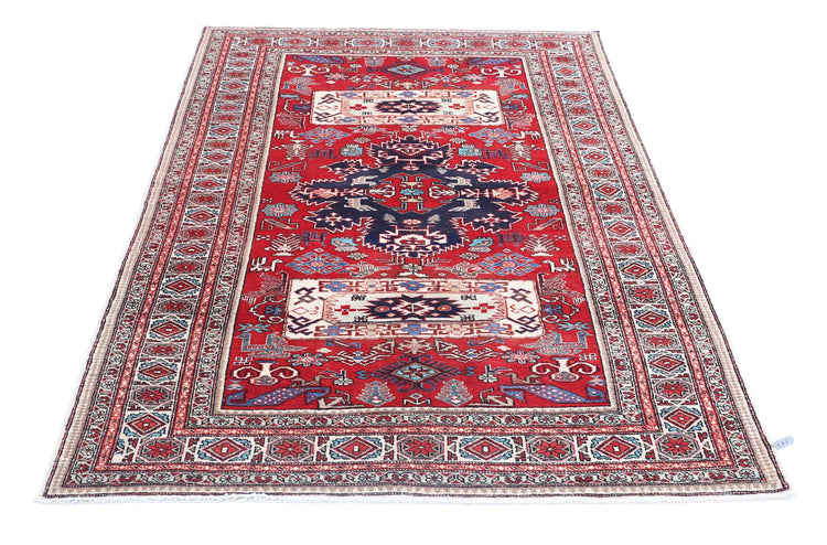 Tribal Hand Knotted Shirvan Shirvan Wool Rug of Size 4'5'' X 6'3'' in Red and Ivory Colors - Made in Russia