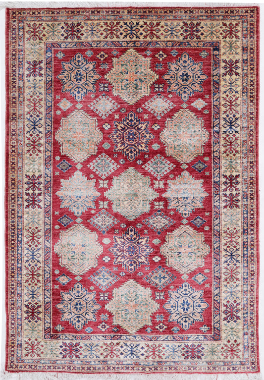Tribal Hand Knotted Kazak Super Kazak Wool Rug of Size 5'3'' X 7'6'' in Red and Ivory Colors - Made in Afghanistan