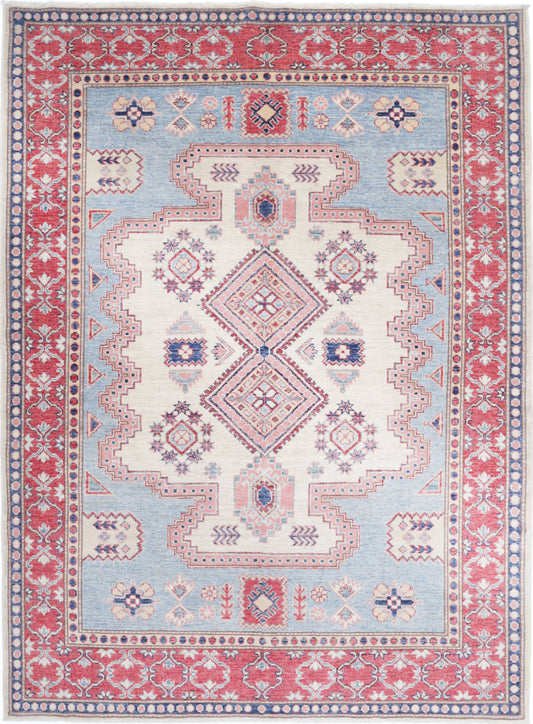 Tribal Hand Knotted Kazak Super Kazak Wool Rug of Size  en X 6'9'' in Teal and Red Colors - Made in Afghanistan