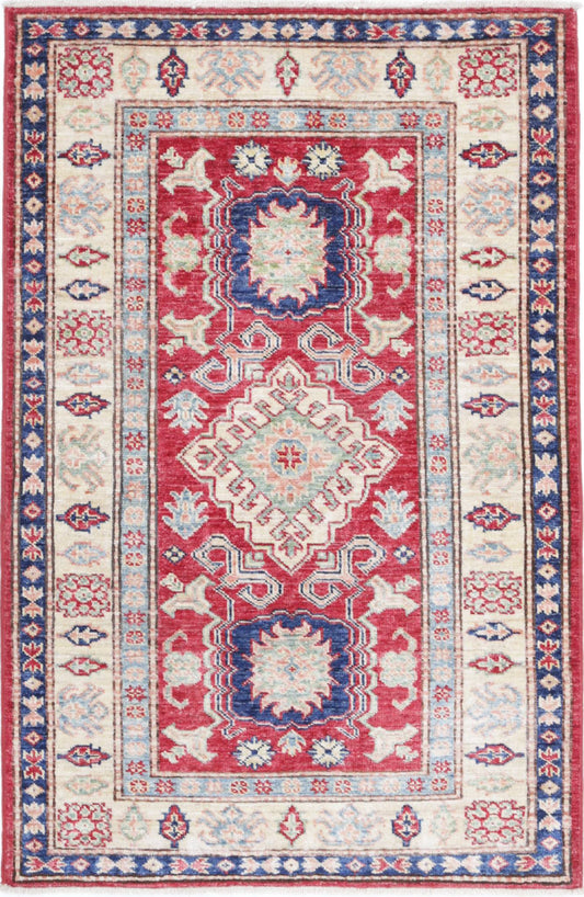 Tribal Hand Knotted Kazak Super Kazak Wool Rug of Size 2'8'' X 4'2'' in Red and Ivory Colors - Made in Afghanistan