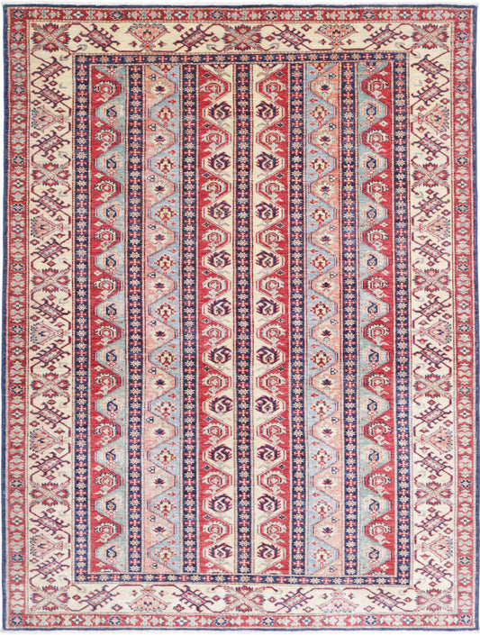 Tribal Hand Knotted Kazak Super Kazak Wool Rug of Size 5'6'' X 7'4'' in Blue and Ivory Colors - Made in Afghanistan