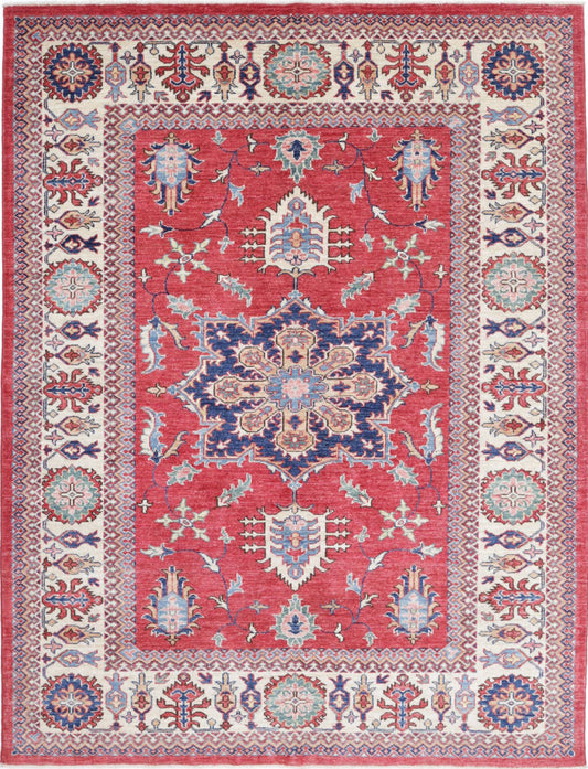 Tribal Hand Knotted Kazak Super Kazak Wool Rug of Size 5'1'' X 6'8'' in Red and Ivory Colors - Made in Afghanistan