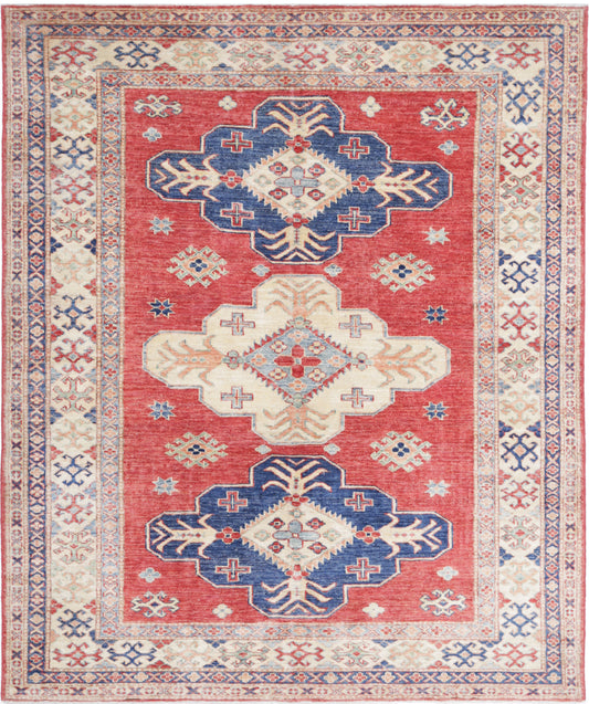 Tribal Hand Knotted Kazak Super Kazak Wool Rug of Size 4'11'' X 5'11'' in Red and Ivory Colors - Made in Afghanistan