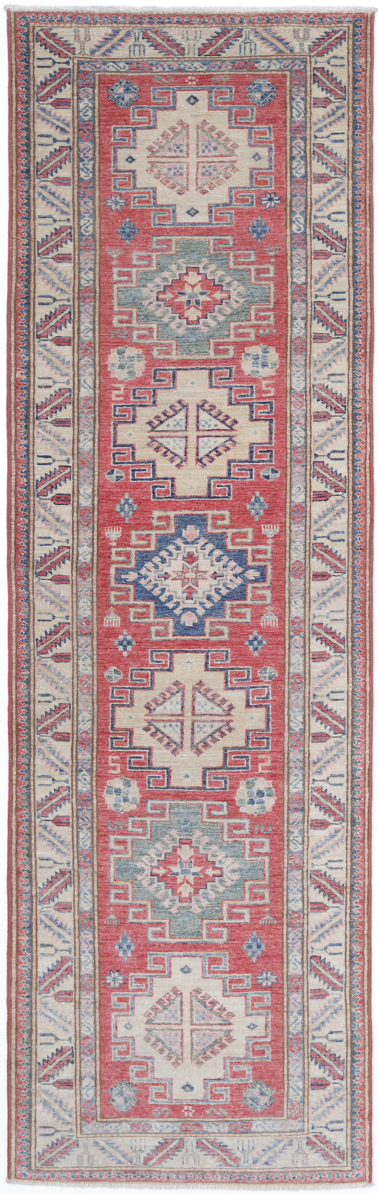 Tribal Hand Knotted Kazak Super Kazak Wool Rug of Size 2'7'' X 8'10'' in Peach and Ivory Colors - Made in Afghanistan