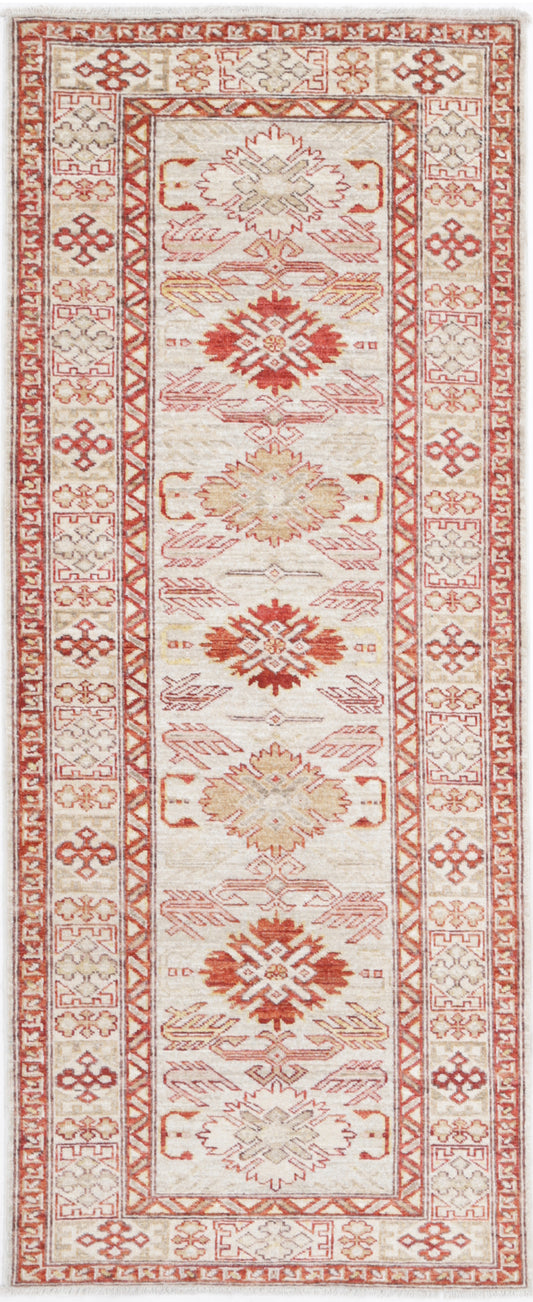 Tribal Hand Knotted Kazak Super Kazak Wool Rug of Size 2'8'' X 6'6'' in Ivory and Ivory Colors - Made in Afghanistan