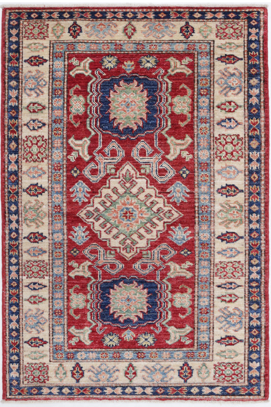 Tribal Hand Knotted Kazak Super Kazak Wool Rug of Size 2'9'' X 4'2'' in Red and Ivory Colors - Made in Afghanistan