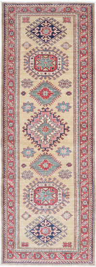 Tribal Hand Knotted Kazak Super Kazak Wool Rug of Size 2'4'' X 6'9'' in Gold and Red Colors - Made in Afghanistan