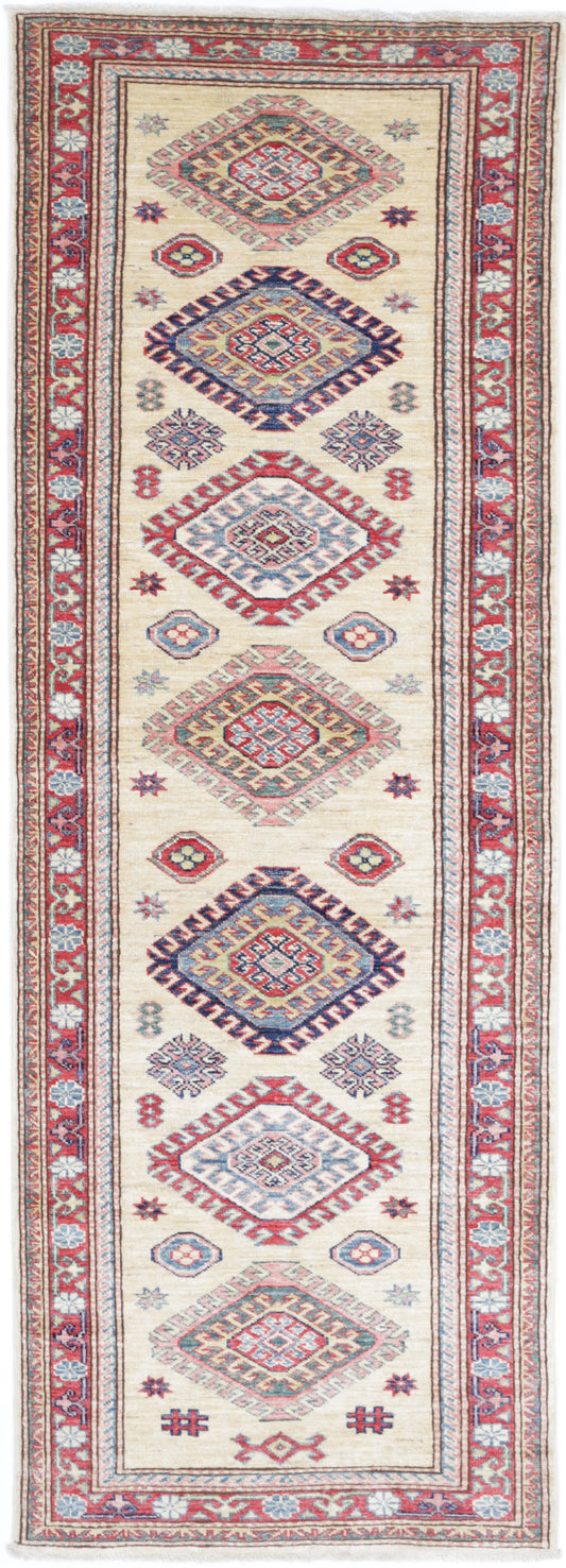 Tribal Hand Knotted Kazak Super Kazak Wool Rug of Size 2'4'' X 7'5'' in Ivory and Red Colors - Made in Afghanistan