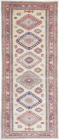 Tribal Hand Knotted Kazak Super Kazak Wool Rug of Size 2'5'' X 6'1'' in Beige and Red Colors - Made in Afghanistan
