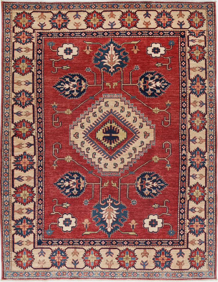 Tribal Hand Knotted Kazak Super Kazak Wool Rug of Size 5'0'' X 6'4'' in Red and Ivory Colors - Made in Afghanistan
