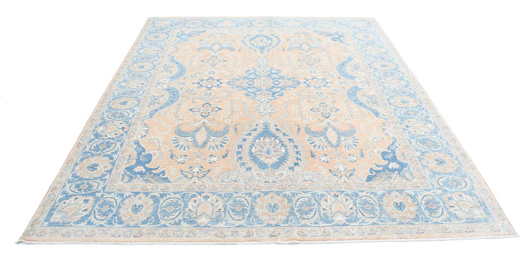 Traditional Hand Knotted Serenity Tabriz Wool Rug of Size 7'8'' X 9'5'' in Peach and Blue Colors - Made in Afghanistan