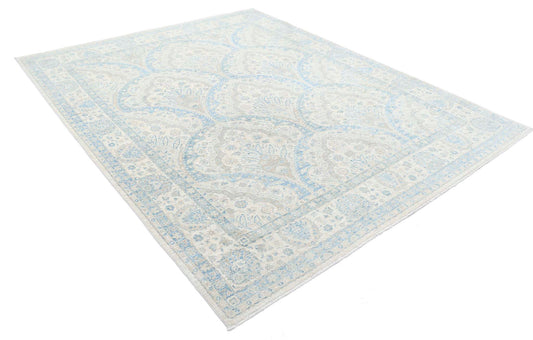 Traditional Hand Knotted Serenity Tabriz Wool Rug of Size 7'9'' X 9'6'' in Ivory and Blue Colors - Made in Afghanistan