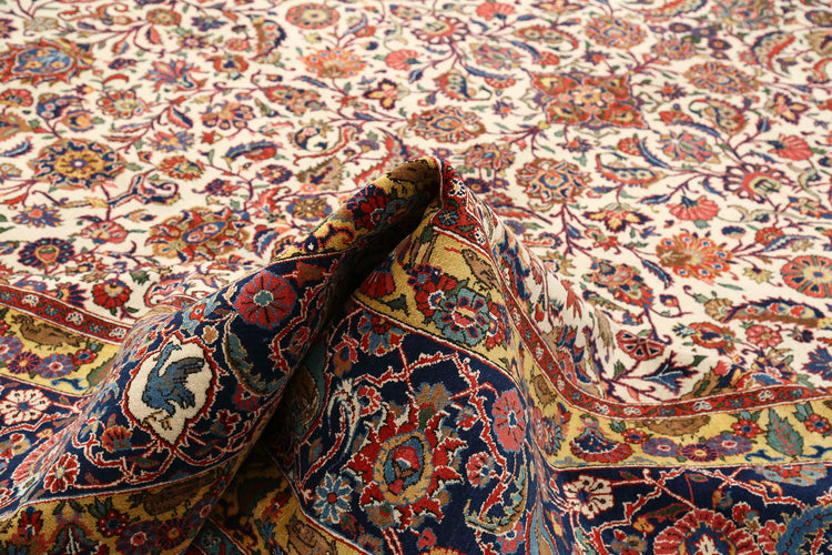 Persian Hand Knotted Tabriz Tabriz Wool Rug of Size 10'8'' X 14'10'' in Ivory and Blue Colors - Made in Iran