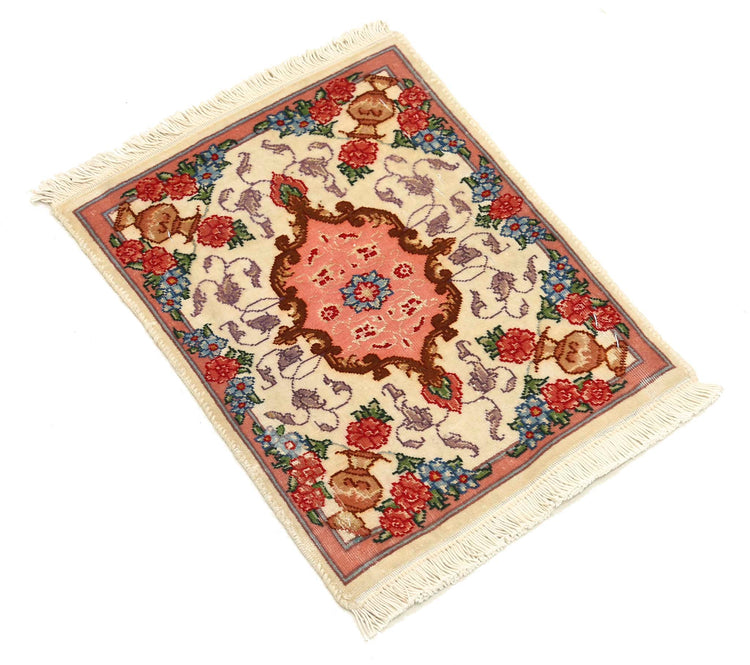 Masterpiece Hand Knotted Tabriz Tabriz Wool Rug of Size 0'11'' X 1'3'' in Ivory and Peach Colors - Made in Iran