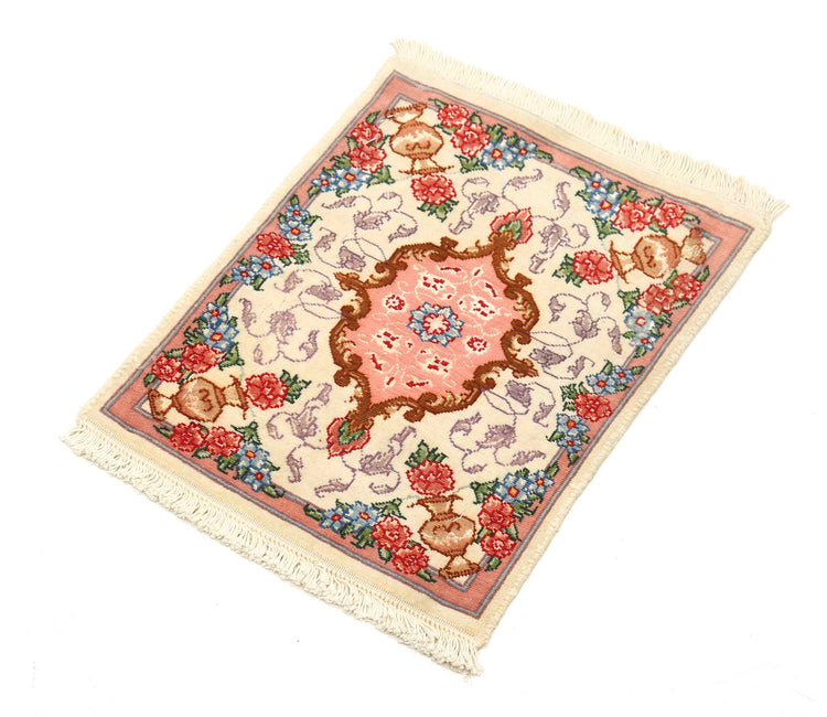 Masterpiece Hand Knotted Tabriz Tabriz Wool Rug of Size 0'11'' X 1'3'' in Ivory and Peach Colors - Made in Iran