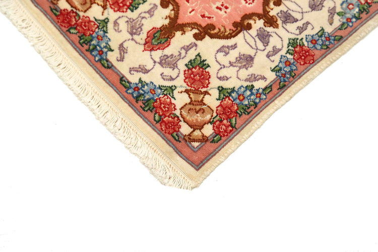 Masterpiece Hand Knotted Tabriz Tabriz Wool Rug of Size 0'11'' X 1'3'' in Ivory and Peach Colors - Made in Iran