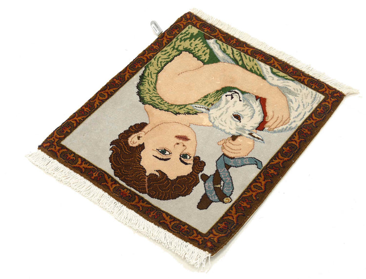Masterpiece Hand Knotted Tabriz Tabriz Wool Rug of Size 1'6'' X 1'10'' in Grey and Ivory Colors - Made in Iran
