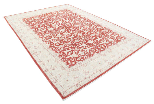 Traditional Hand Knotted Ziegler Tabriz Wool Rug of Size 7'10'' X 10'8'' in Red and Ivory Colors - Made in Afghanistan