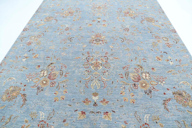 Transitional Hand Knotted Artemix Tabriz Wool & Silk Rug of Size 8'10'' X 11'10'' in Blue and Ivory Colors - Made in Afghanistan