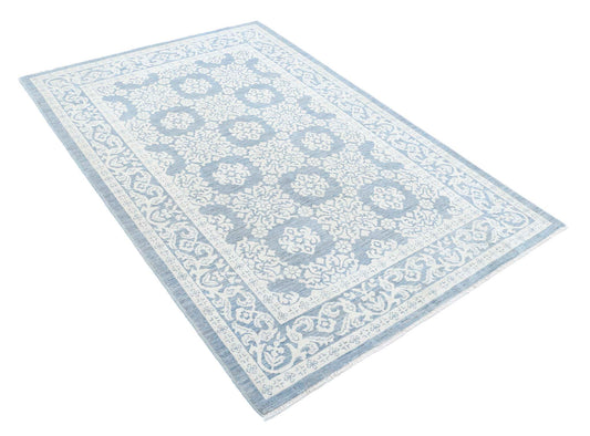 Traditional Hand Knotted Serenity Tabriz Wool Rug of Size 4'4'' X 6'6'' in Blue and Ivory Colors - Made in Afghanistan